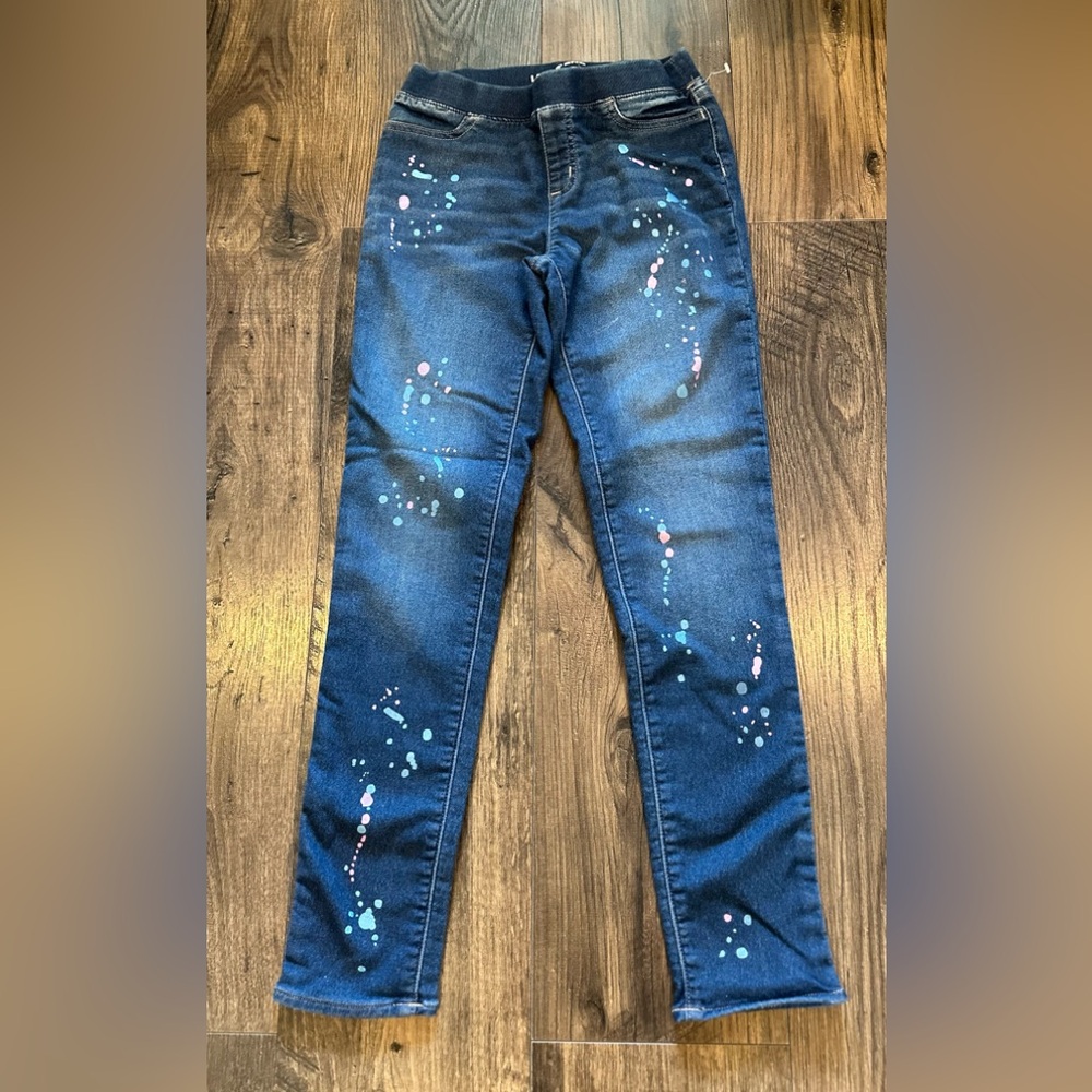 GUC Lands End Jeans Girl's Skinny Jegging Blue Paint Splatter Stretch Pull On 12